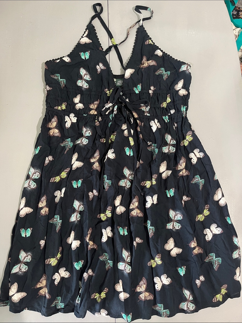 wild fable Black Butterfly-Print Sundress with Teal & Cream Accents